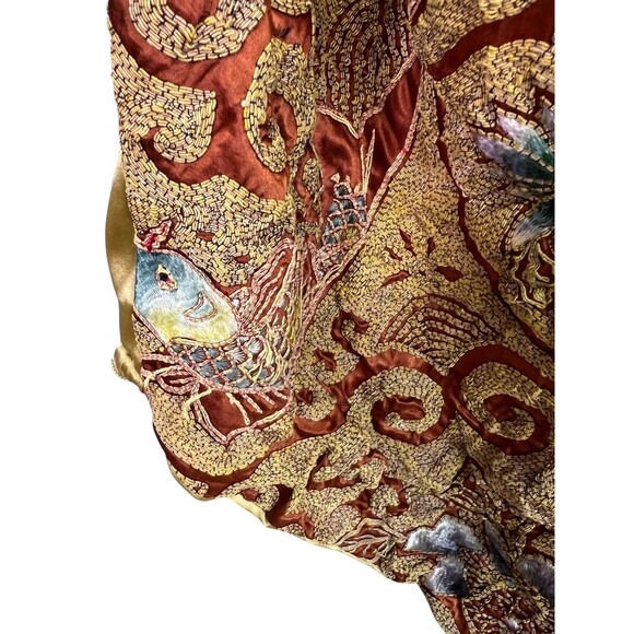 Antique Vintage Gold Silk Charmeuse Robe Opera Coat Gold Couching Embroidery O/S - Picture 8 of 16